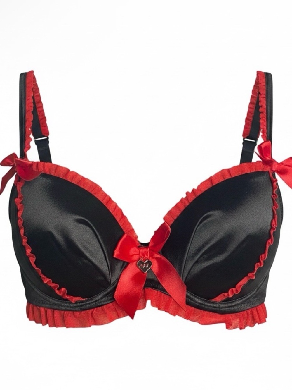 Vintage Playboy Hot Topic Black Satin Red Ruffle Underwire Bra